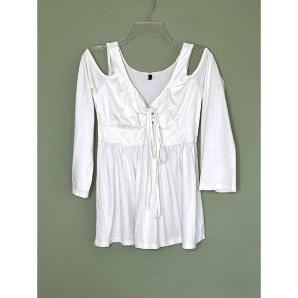 Babydoll Top sz M Cold Shoulder V Neck Lace Tie Y2K Beachy Vanilla Girl - Picture 1 of 8